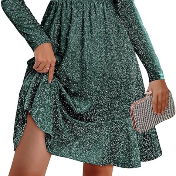 Womens Glitter Dress Wrap V Neck Long Sleeve Swing Club Cocktail Party Dresses S - Picture 2 of 2